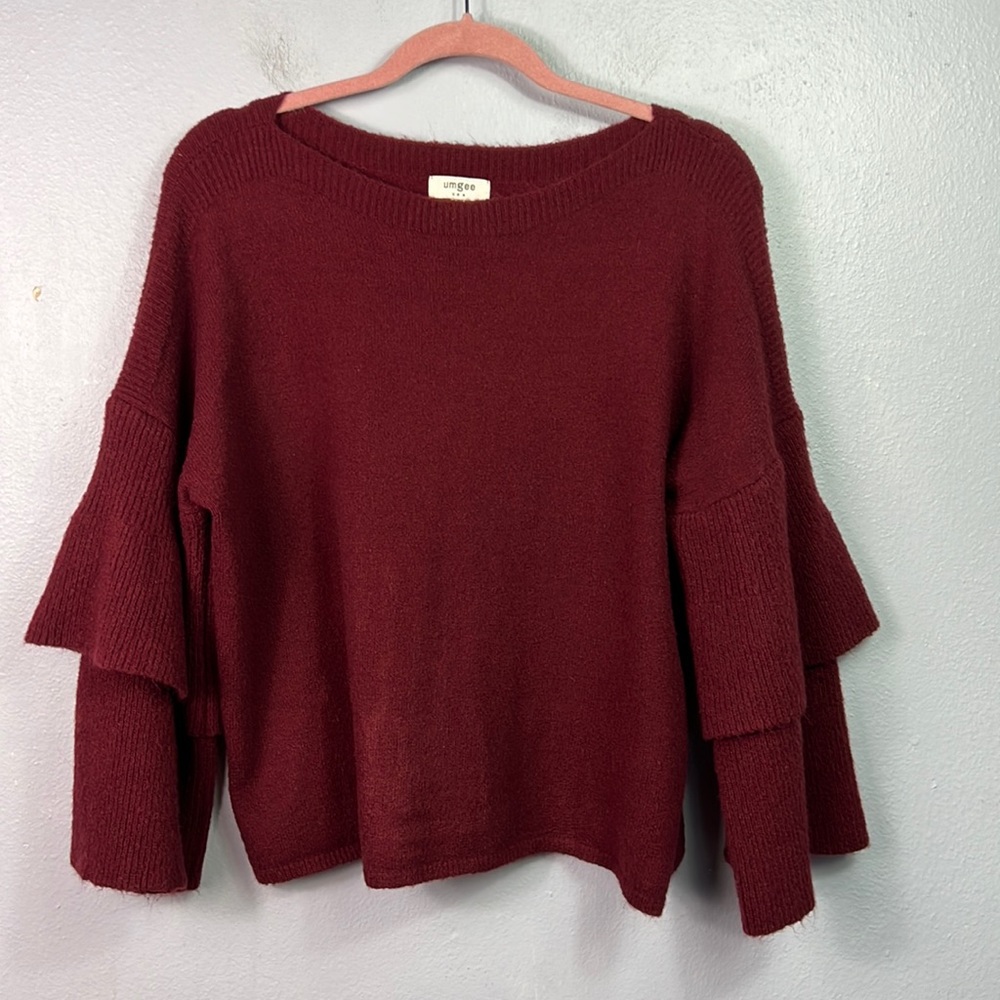 Umgee Burgundy Ruffle Tier Sleeve Boatneck Sweater Small